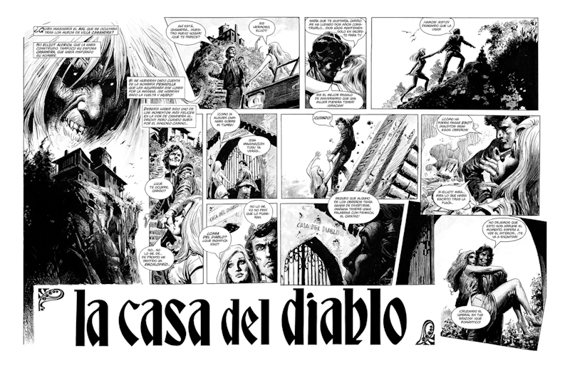 Página doble de La casa del diablo, de Alan Grant, John Wagner y José Ortiz